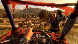 Dying Light - A player drives a vehicle towards multiple attacking infected.