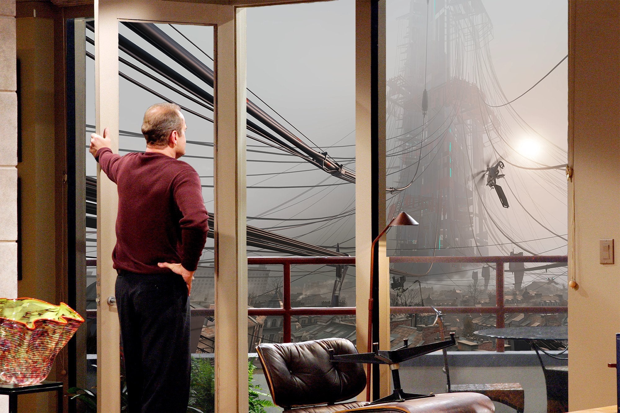 Frasier looking at the City 17 skyline from his apartment.