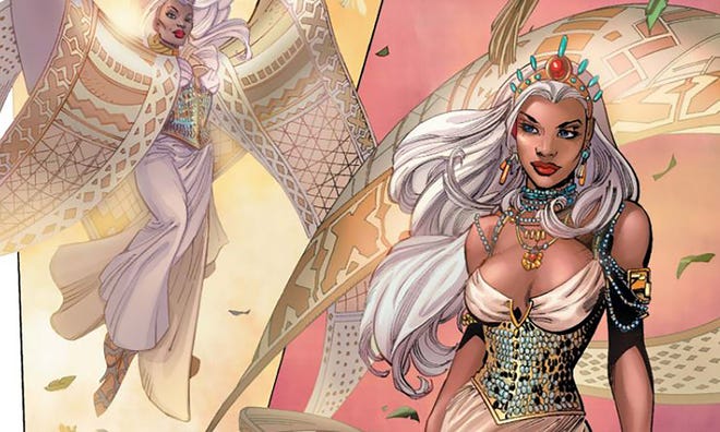 Storm of the X-Men descends from the skies like the goddess she as she arrives at her wedding ceremony.