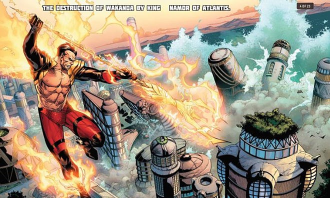 Namor, ablaze with the power of the Phoenix Force, floods the capital city of Wakanda. From Avengers vs. X-Men #8. Story by Jason Aaron, Brian Michael Bendis, Ed Brubaker, Matt Fraction, and Jonathan Hickman. Script by Brian Michael Bendis, Pencils by Adam Kubert, Inks by John Dell, Colors by Laura Martin with Larry Molinar, Letters by Chris Eliopoulos.