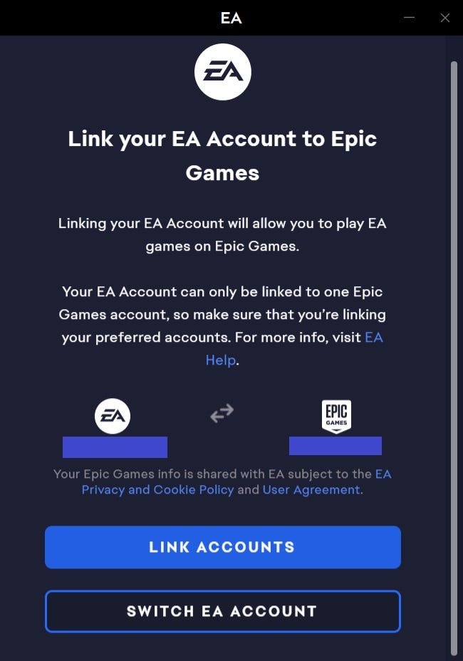A pop-up text box prompting the user to link their EA Account to their Epic Games account.