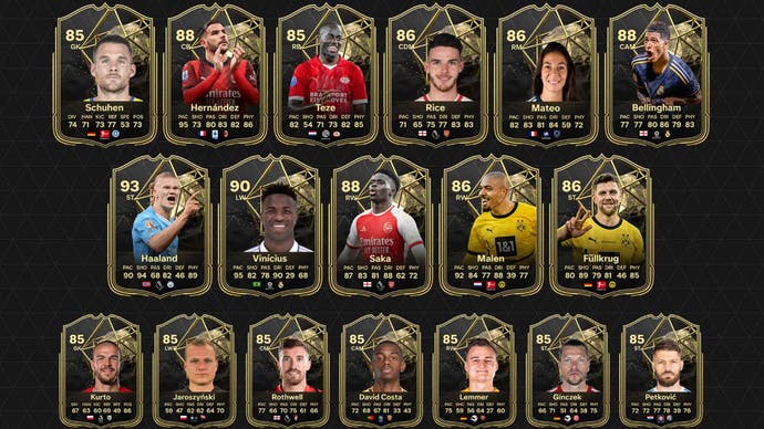 Cards predicted to feature in the EA FC 24 Team of the Week 22 squad and their potential ratings.
