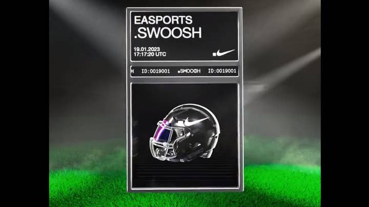 A playing card against a 3D football stadium backdrop. The card shows a football helmet with the Nike swoosh logo on it and says EA Sports at the top