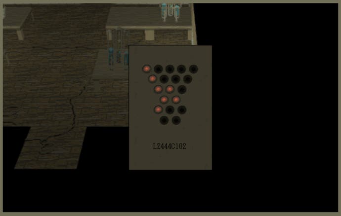 A screenshot of Behind the Red Dice, showing a piece of paper with a dot diagram and a letter-number sequence.