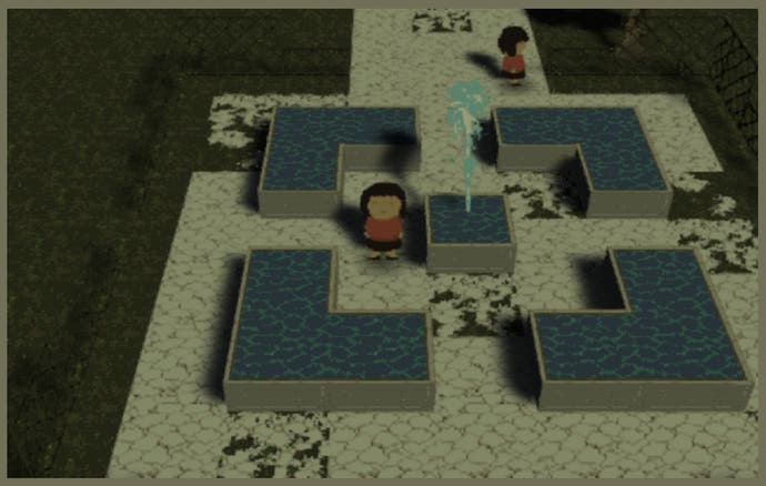 Una schermata di Behind The Red Dais, che mostra il personaggio del giocatore mentre esplora un'area esterna con una fontana e un altro personaggio in lontananza.