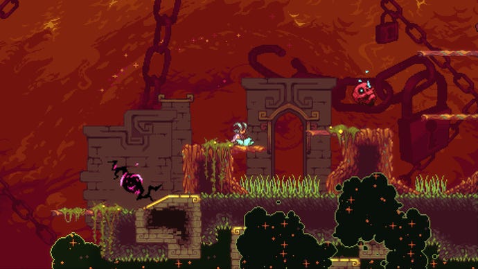 A young horned character sits on a platform in a red castle landscape in Earthblade