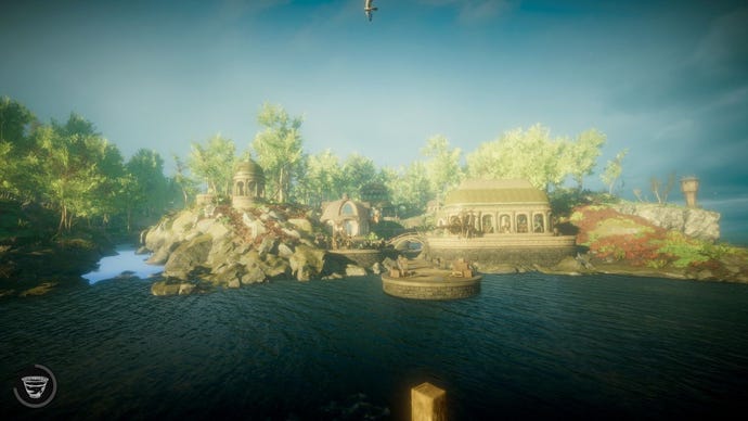 A screenshot from Eastshade showing a white-stone city by the sea, viewed from across the water in hazy sunshine