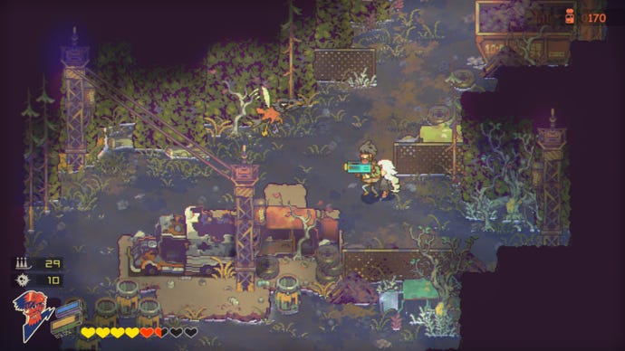 John and Sam fight a crow in a wasteland scene in Eastward