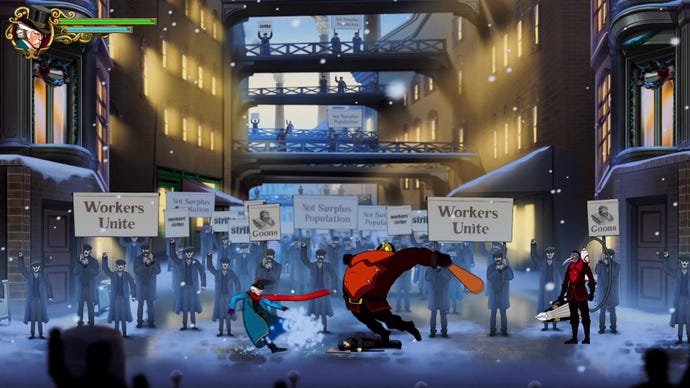 Ebenezer Scrooge dodges out of the way of a large goon as a crowd of protesting workers look on in Ebenezer And The Invisible World