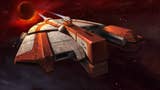 The orange and grey Ebon Hawk spaceship from Star Wars Knights of the Old Republic, flying at the camera.
