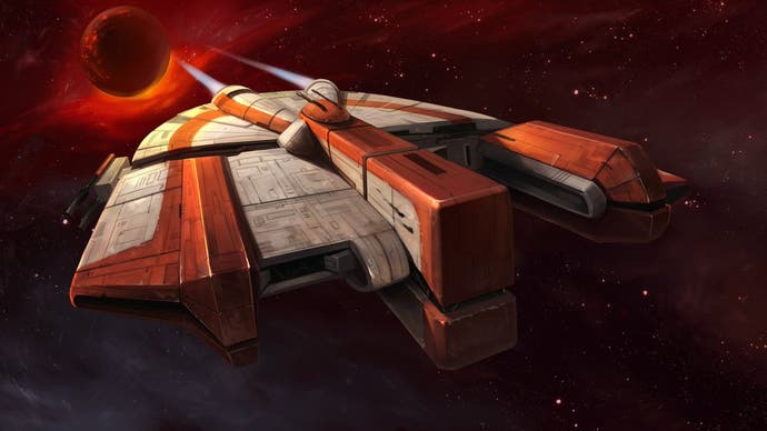 The orange and grey Ebon Hawk spaceship from Star Wars Knights of the Old Republic, flying at the camera.