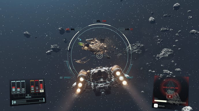 The player destroying a spaceship in Starfield.