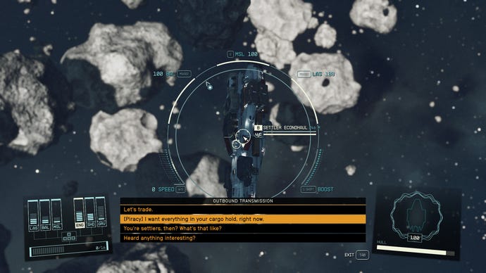 Image of the player having a conversation with the captain of an enemy ship in Starfield.  The other captain refuses to deliver their cargo.