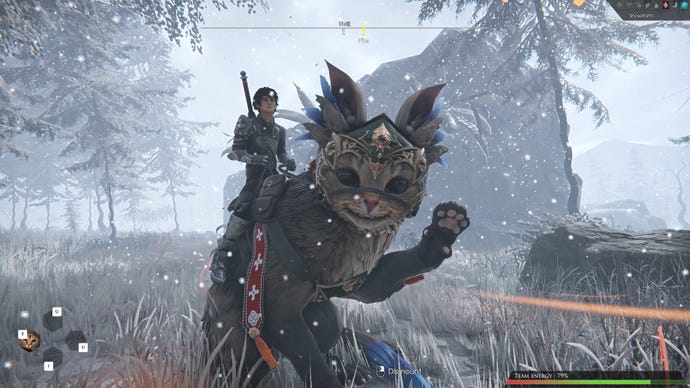The player character riding on a giant cat creature in Edge Of Eternity