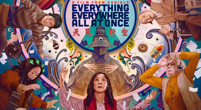 Cropped illustrated Everything Everywhere All at Once poster featuring cast of film