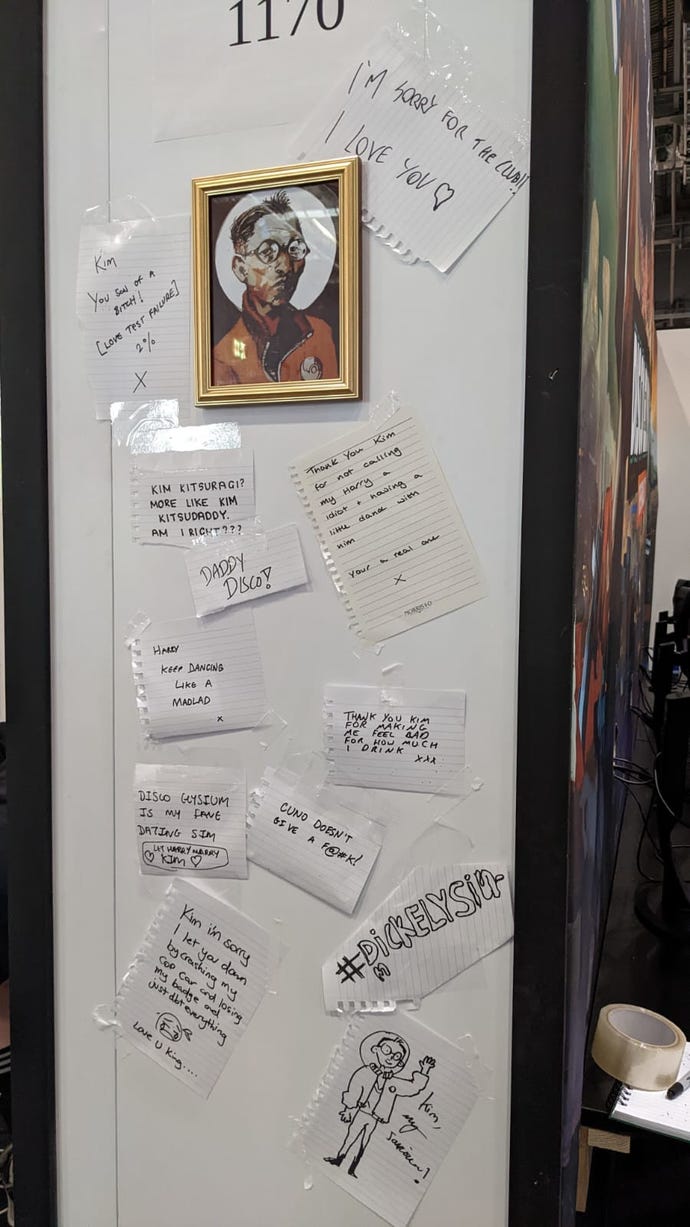 A shrine to Disco Elysium's Kim at EGX 2022.