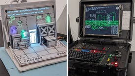 A split image of a cardboard flipbook game, and a large black briefcase with a screen inside it, from the EGX Leftfield Collection 2023