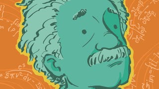 Cropped image of Einstein cover featuring an illustration of Einstein against an orange background with formulas written on it
