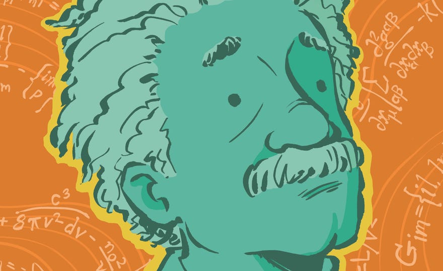 Cropped image of Einstein cover featuring an illustration of Einstein against an orange background with formulas written on it