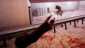 The player character dives sideways while firing twin pistols at a monster in a bloodied room in El Paso, Elsewhere