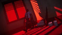 El Paso, Elsewhere screenshot showing the main character slumped in a chair in the corner of a room lit in deep red light with noir-style shadows through the blinds