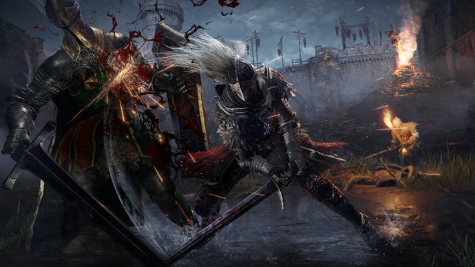 An armoured warrior slices a foe with their sword in an Elden Ring screenshot.