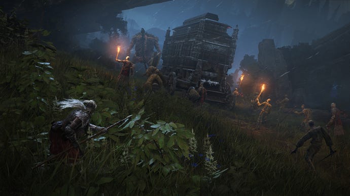 Soldiers and zombies escort an ornate wagon pulled by a giant in an Elden Ring screenshot.