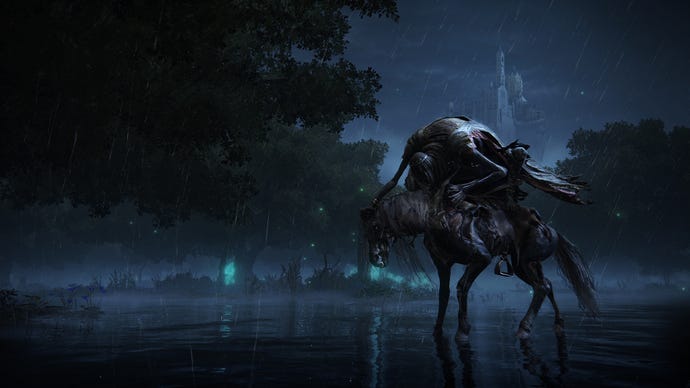 A withered and hunched figure on a horse in a wet wood before a castle in an Elden Ring screenshot.