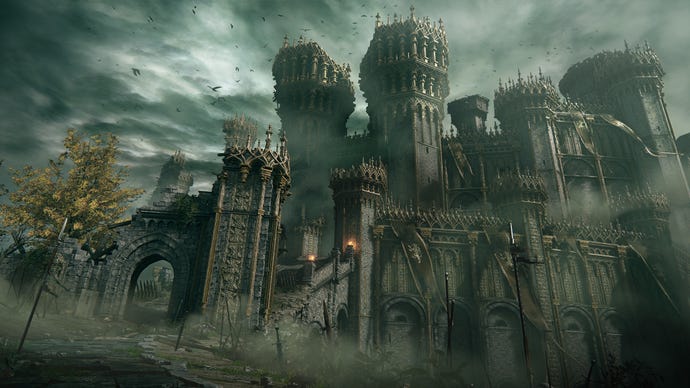 An ornate castle fallen into ruins in an Elden Ring screenshot.