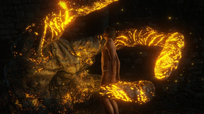 A giant glowing hand envelops an undressed man in an Elden Ring screenshot.