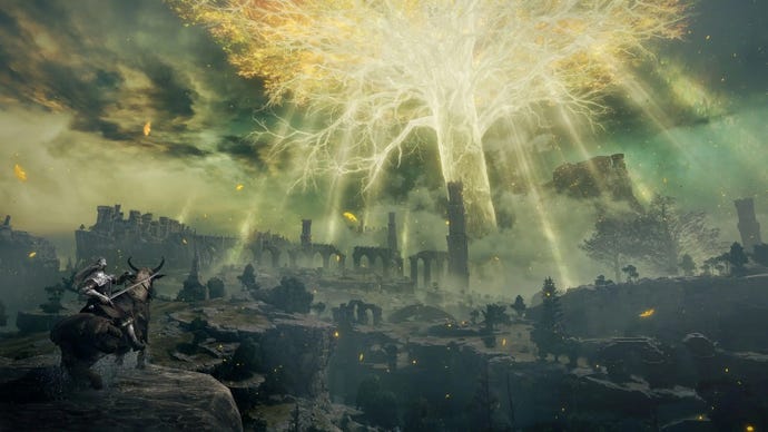 A giant glowing tree in the centre of a ruined landscape in an Elden Ring screenshot.