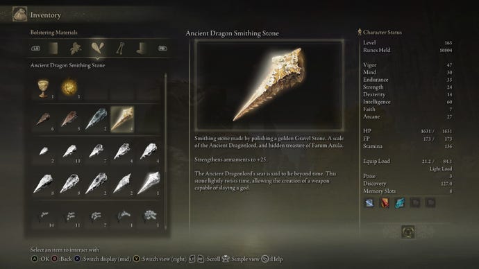 Elden Ring inventory screen displaying the Ancient Dragon Smithing Stone, which is an upgrade item you can use on weapons.
