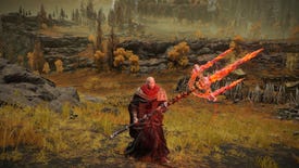 Elden Ring player standing in an Autumnal field wearing a bloodsoaked mask and wielding a red flaming trident