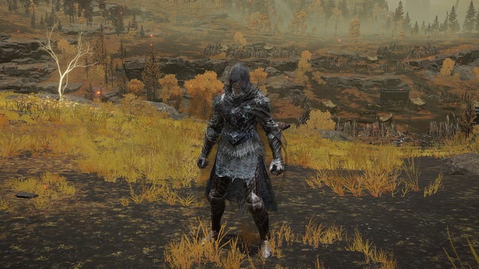 Hráč v Eldenově prstenu stojí před kamerou na sobě sadu brnění Black Knife. Za nimi je pohled na náhorní plošinu Altus