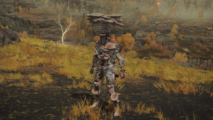 埃爾登環（Elden Ring）的玩家戴著蘑菇盔甲套裝在鏡頭前。他們身後是阿爾圖斯高原的景色。