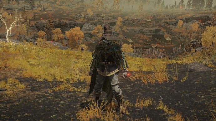 埃爾登環（Elden Ring）中的玩家戴著拼寫的裝甲套裝在鏡頭前。他們身後是阿爾圖斯高原的景色。