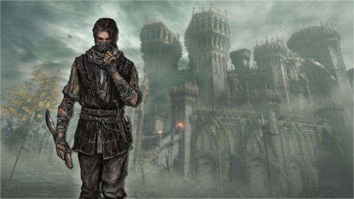 A portrait of the Bandit class in Elden Ring, against a gothic castle backdrop.