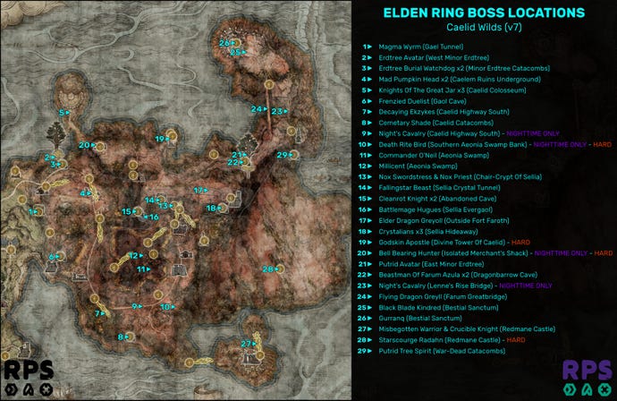 Peta saka Caelid ing Cincin Elden, kanthi lokasi saben pertemuan Boss sing ditandhani lan nomer