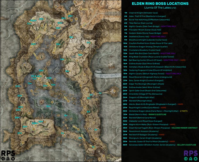 A map of Liurnia in Elden Ring, with the locations of every single boss encounter marked and numbered.