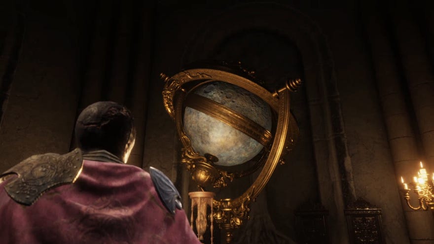 A screenshot from a cutscene in Elden Ring: the player watches as the Carian Study Hall changes form.