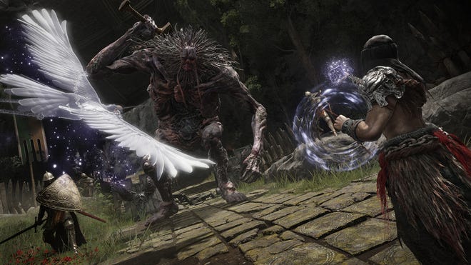 A player character summons a spectral bird during combat with a giant and knight in Elden Ring