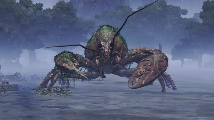 A Giant Crayfish in the middle of a lake in Elden Ring, looking towards the camera.