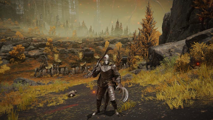 Elden Ring player standing on an Autumnal field wearing a full Bloodhound armor set and wielding the Bloodhound's Fang and Bloodhound Claws