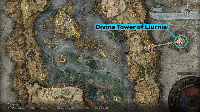 Part of the Elden Ring map, with the location of the Divine Tower of Liurnia marked.