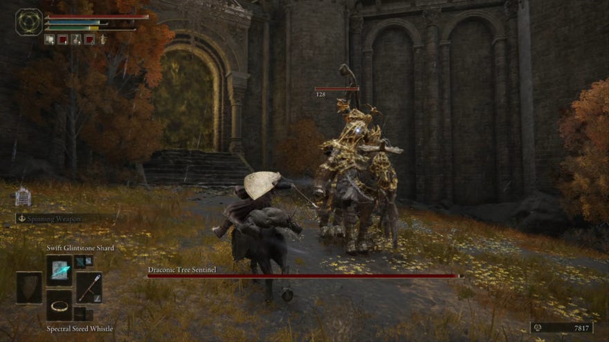Elden Ring player dodges past the Draconic Tree Sentinel on horseback on a field