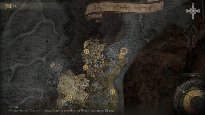 Part of the Elden Ring map, with the location of D's brother marked.