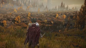 Elden Ring: the player stands on a hill overlooking a soldier's encampment in the Altus Plateau.