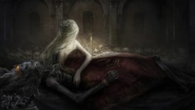 A screenshot from a cutscene in Elden Ring depicting Fia, the Deathbed Companion, lying next to a corpse.