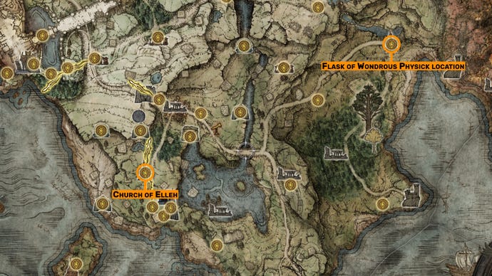 Part of the Elden Ring map, with the locations of the Church of Elleh and the Flask of Wondrous Physick marked.