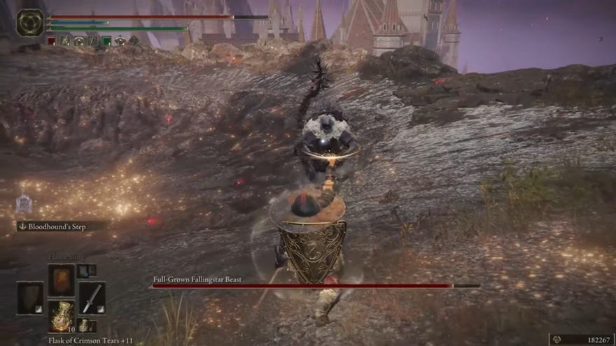 Elden Ring player uses a rune arc while fighting a metal bull known as the Full-Grown Fallingstar Beast